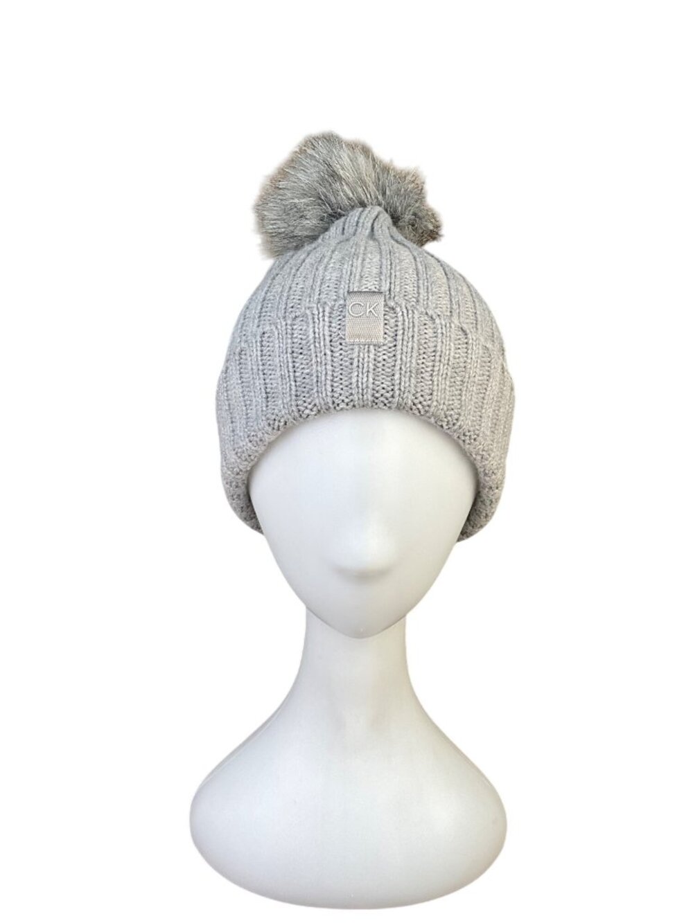 Calvin Klein Womens Gray Knit Pom Beanie Hat Soft Faux Fur Detail